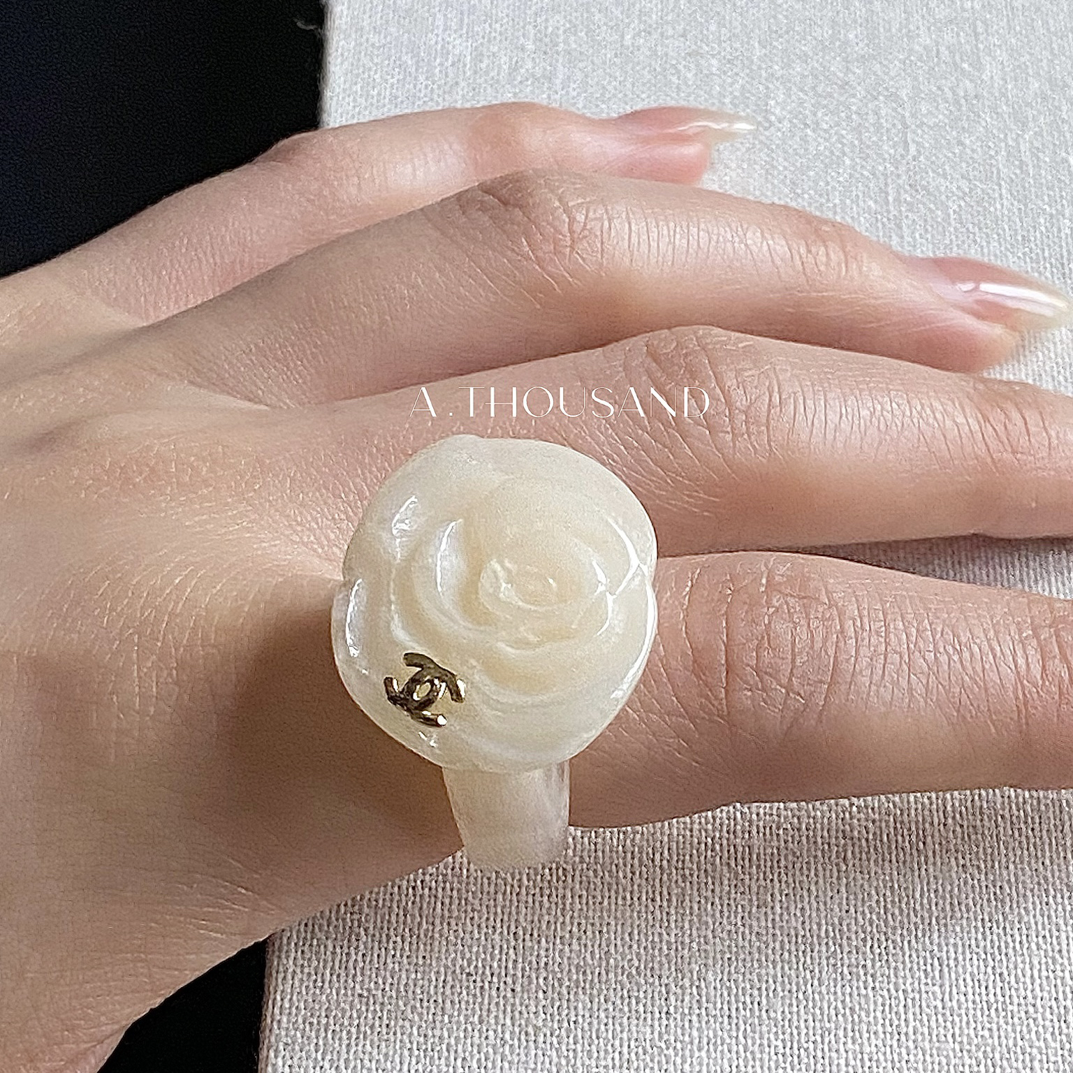 95新 Chanel/香奈儿 玉石系列亚克力山茶花戒指52-70919013