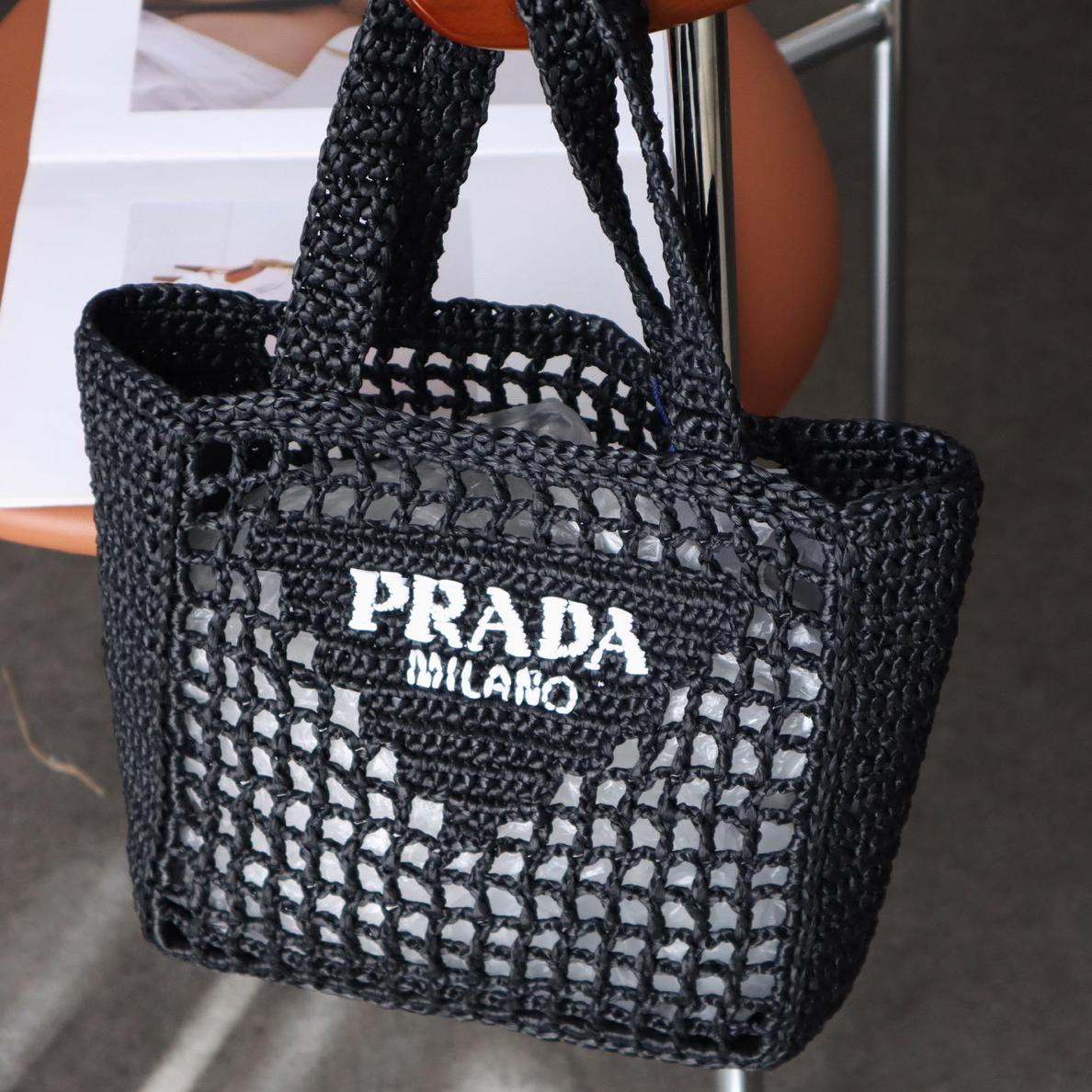95新 Prada/普拉达 Prada黑色渔网手提包百搭休闲简约