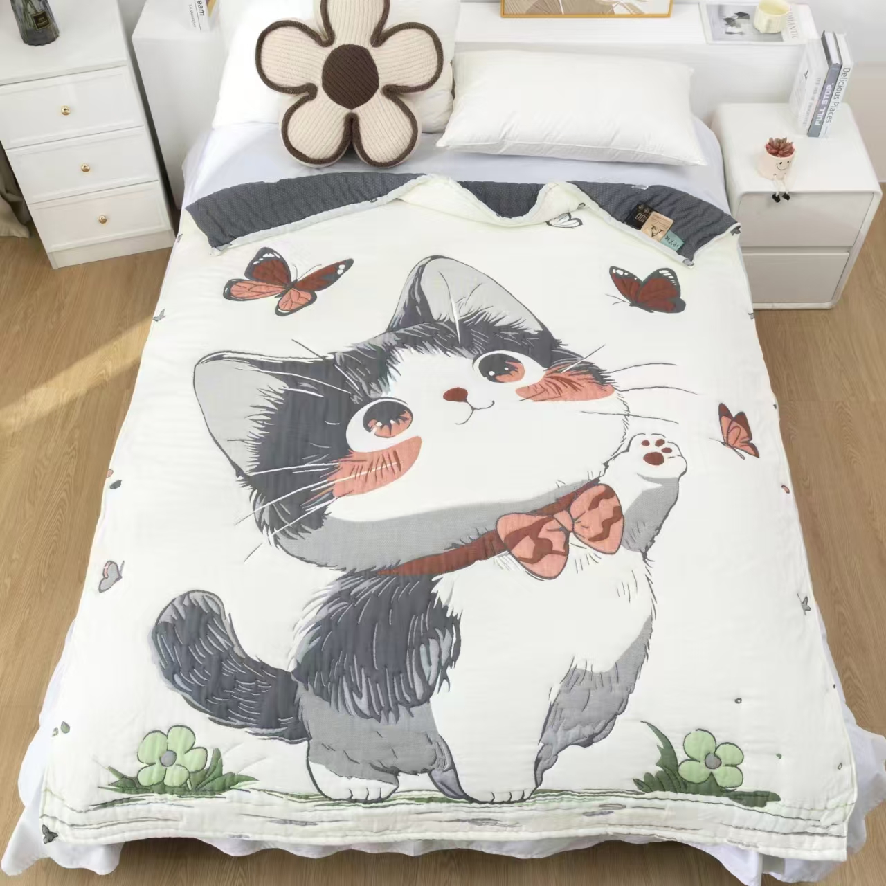 【童趣猫咪 泡芙被】1.5x2米 A类 纯棉纱布单人提花四季被子