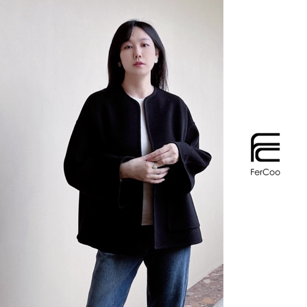 FERCOO“焕新经典”简约圆领廓形落肩袖全手工双面呢无扣大衣外套