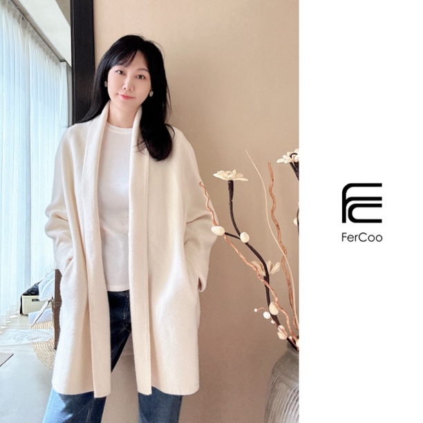 FERCOO“女王气场”精纺1030g重磅山羊绒四平针茧型长款针织女大衣