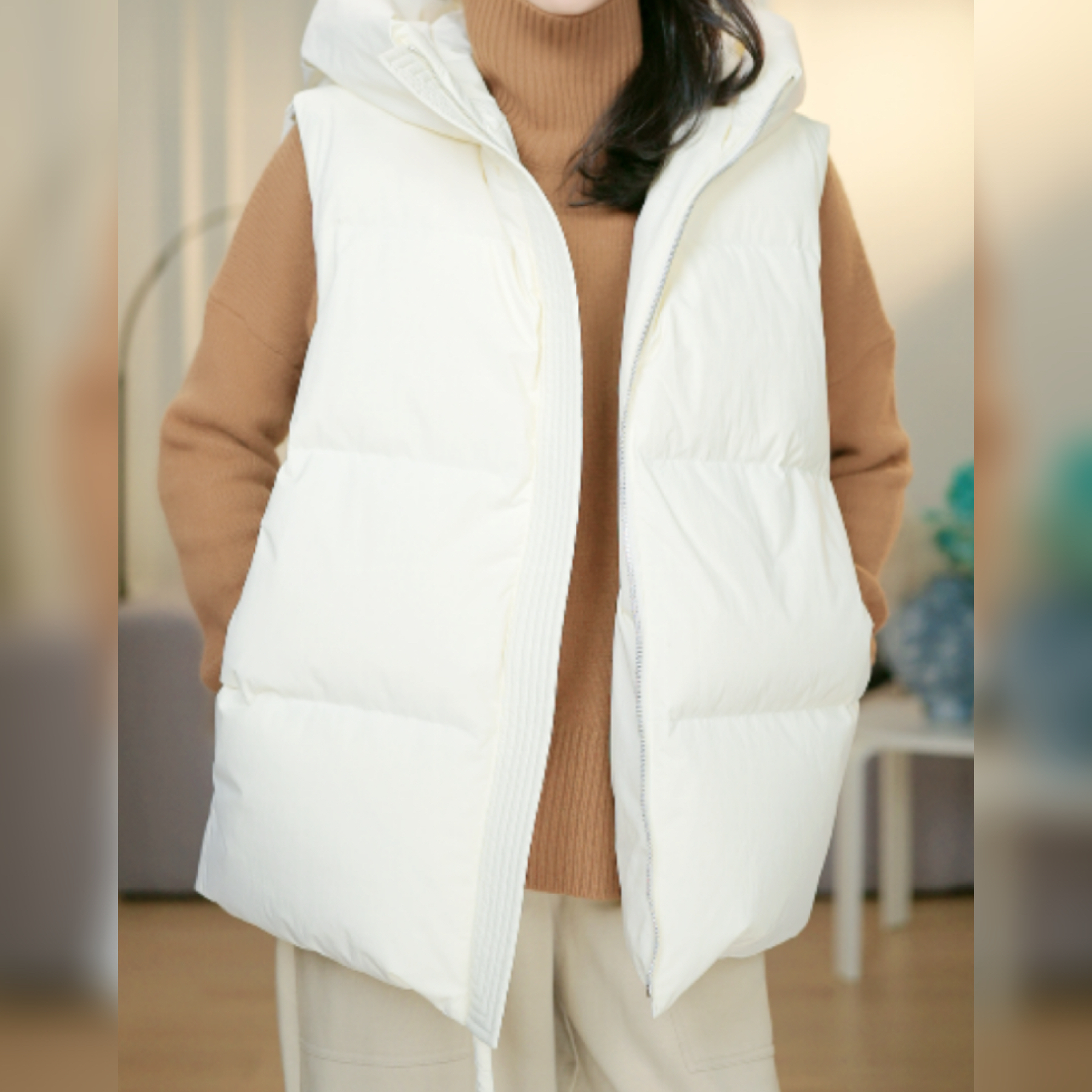 FERCOO“双面温暖”加厚双面可穿三防面料鹅绒连帽保暖羽绒服马甲