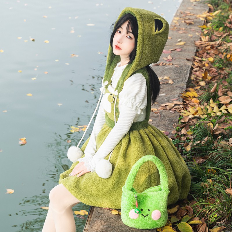 【蛙达西呱jsk】蛙达西呱原创可爱绿色呱呱蛙背带花苞裙lolita裙子