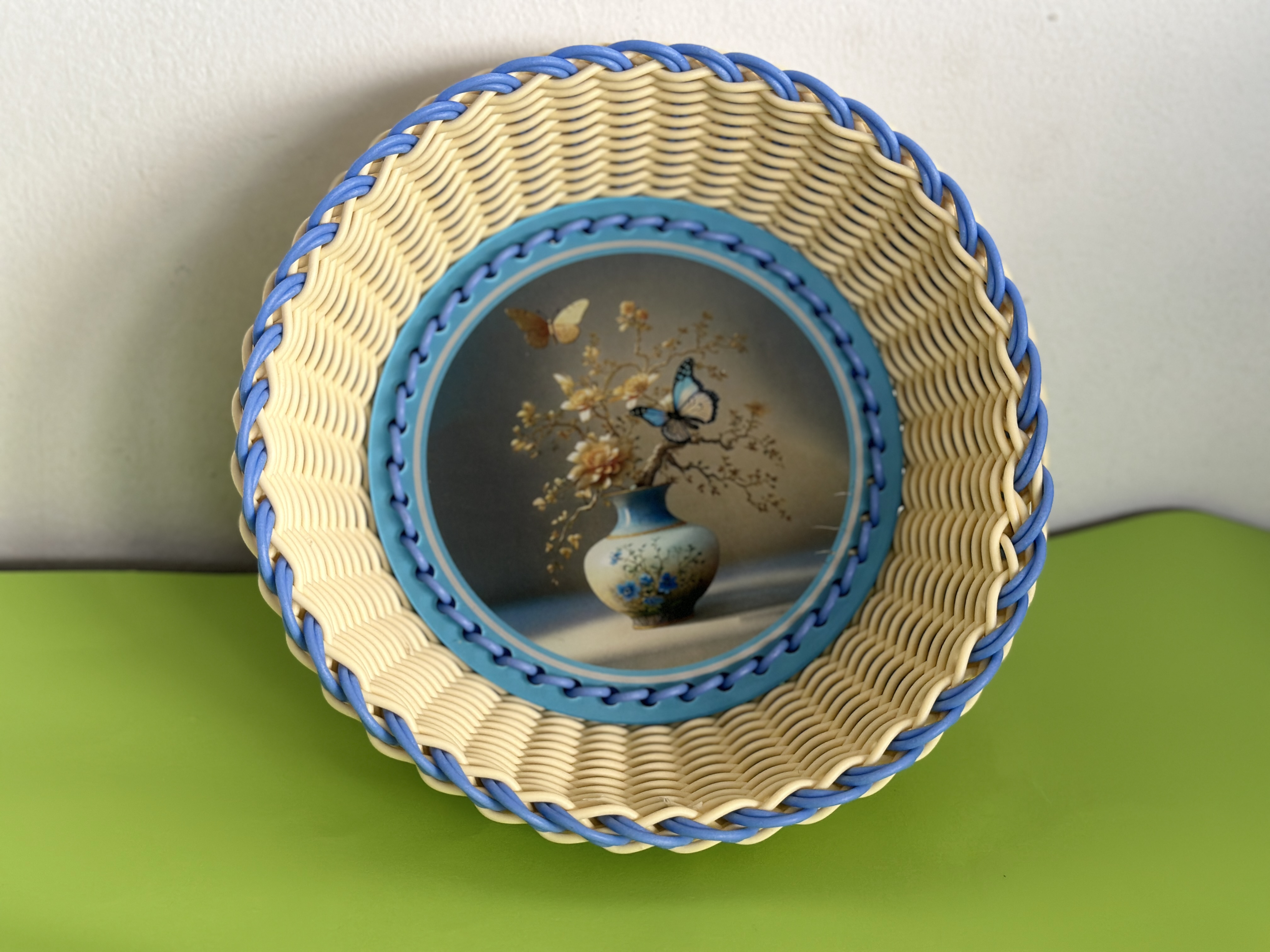 蓝色小清新蝴蝶手工藤条筐 零食筐 水果筐