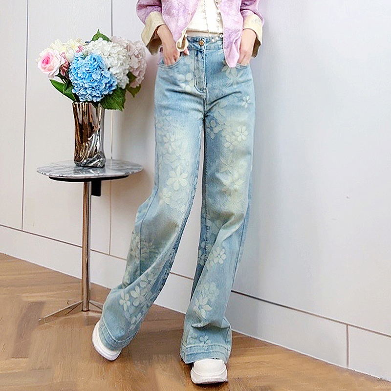 高端水洗牛仔裤2025年新款设计感小众复古气质提花高腰宽松阔腿裤