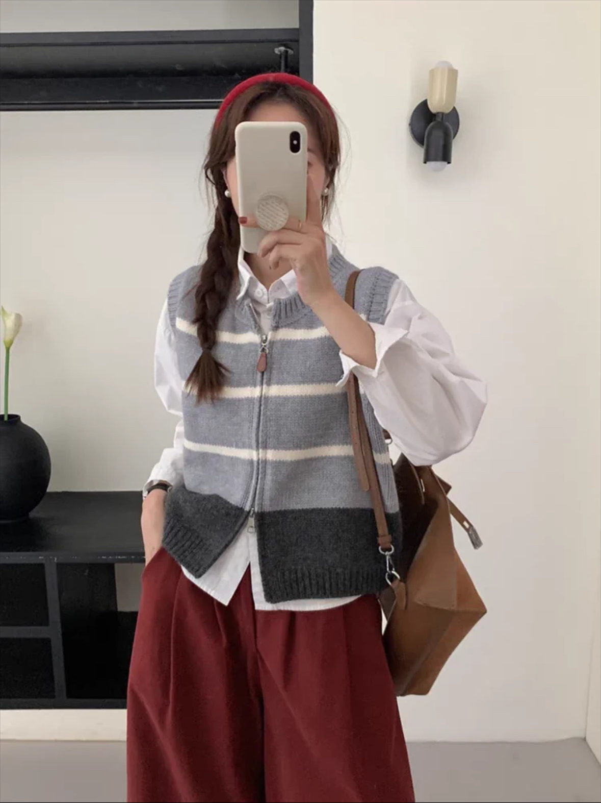 时尚撞色复古条纹针织开衫马甲女春秋百搭无袖马夹毛衣叠穿背心