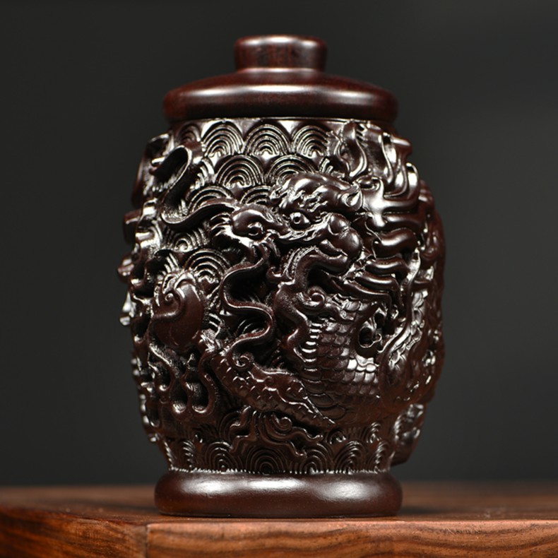 黑檀木祥龙茶叶罐家用圆形密封存茶实木雕刻中式