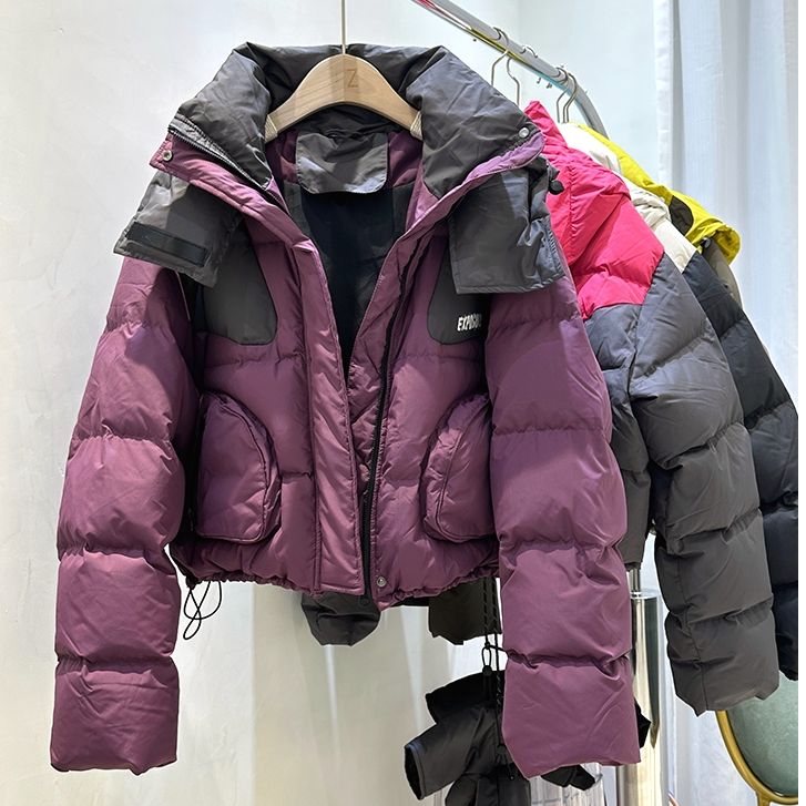 撞色拼接2023手套羽绒服短款新款连帽显瘦欧货宽松女羽绒衣冬季