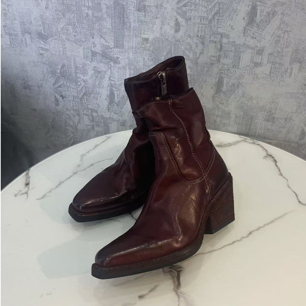 295-1马皮靴复古百搭经典时尚粗跟小方头aktuga上档次高档女靴