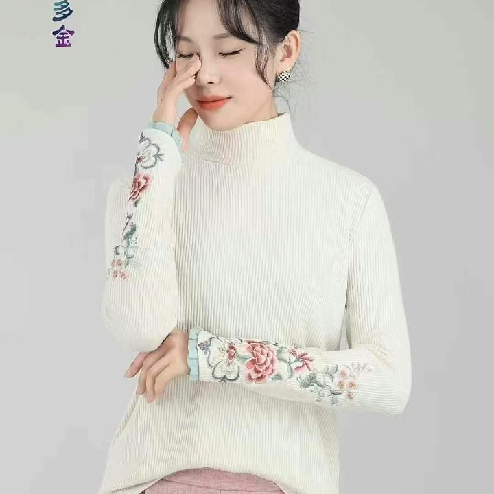 炫织梦国风打底衫新中式花边刺绣秋冬季高端针织半高领打底上衣