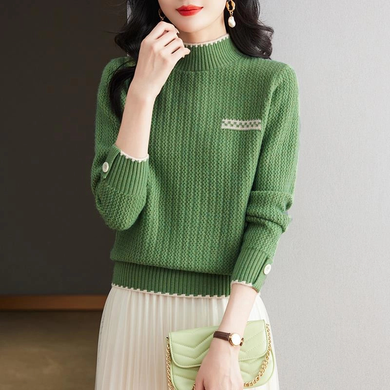 毛衣秋冬女2024新款设计感半高领拼色针织衫洋气妈妈装打底衫上衣
