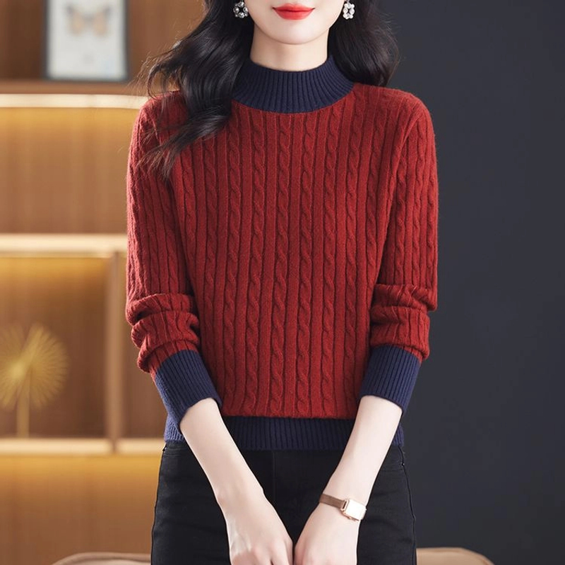 半高领麻花洋气毛衣女秋冬季2024新款加厚内搭拼色百搭针织打底衫