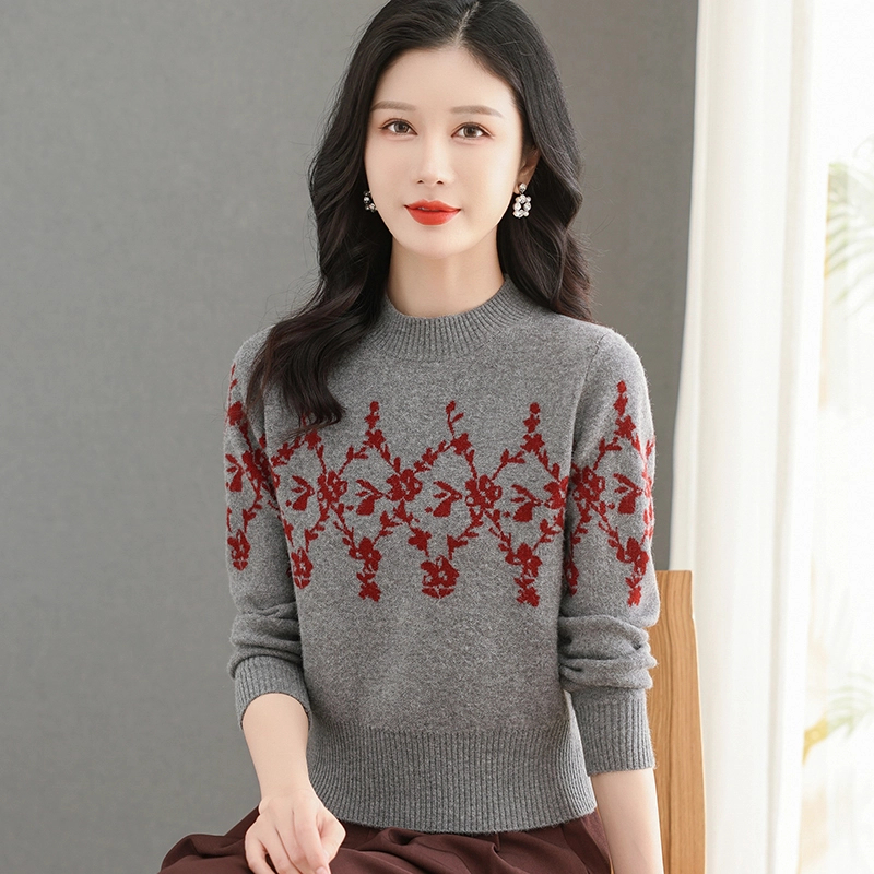 【绵羊毛】2024冬款圆领女针织衫花纹百搭修身洋气简约套头上衣