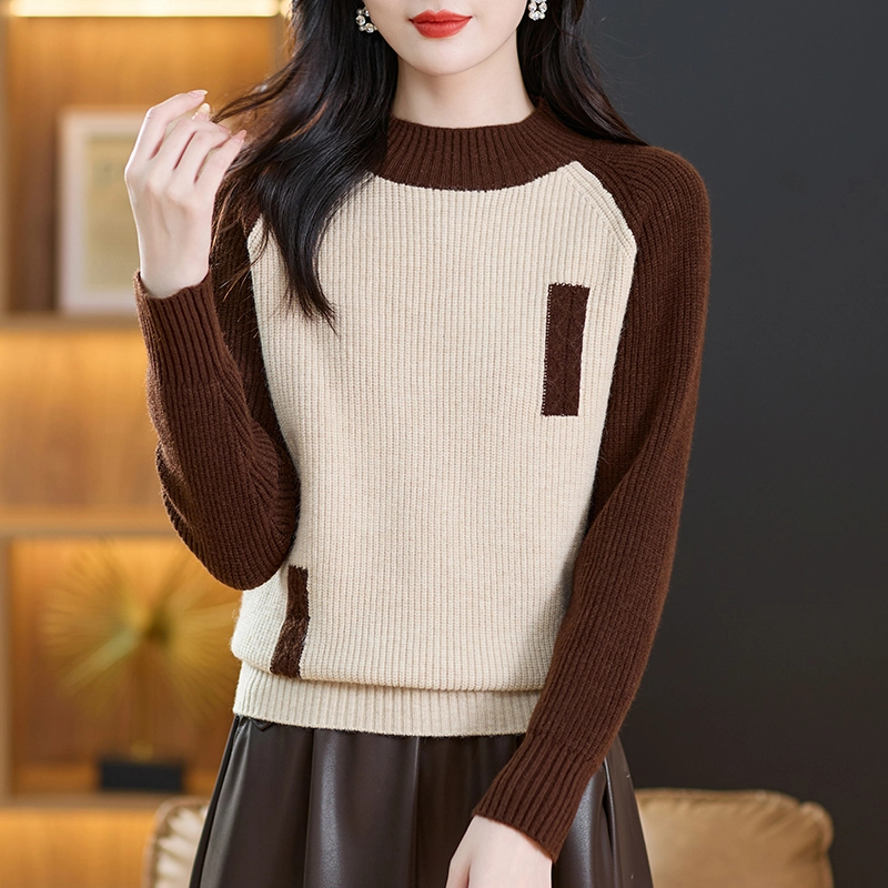 毛衣长袖洋气针织时尚百搭女士半高领秋冬拼色宽松加厚冬季上衣