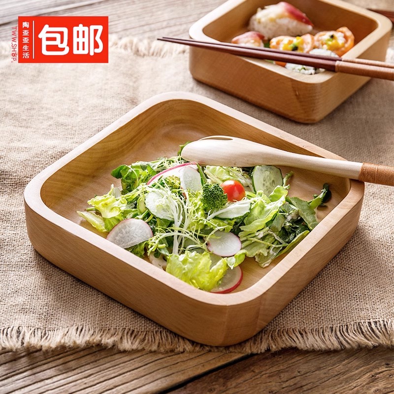 橡胶木方碗方形碗木质家用深盘大号沙拉碗水果蛋糕盘零食干果盘