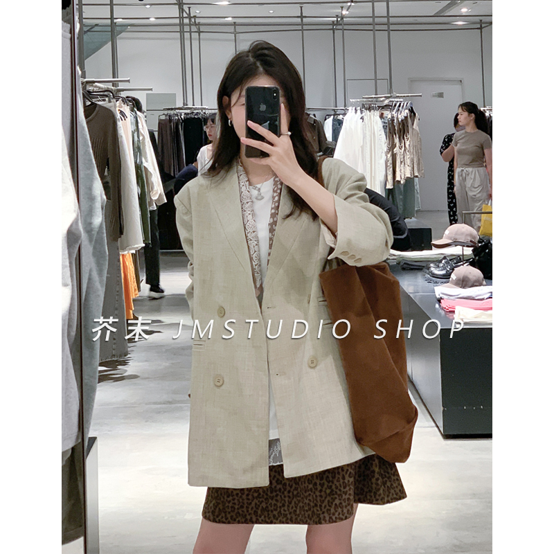 【芥末家】隐型西装领口袋休闲西装外套 春装新款双排扣垫肩西服