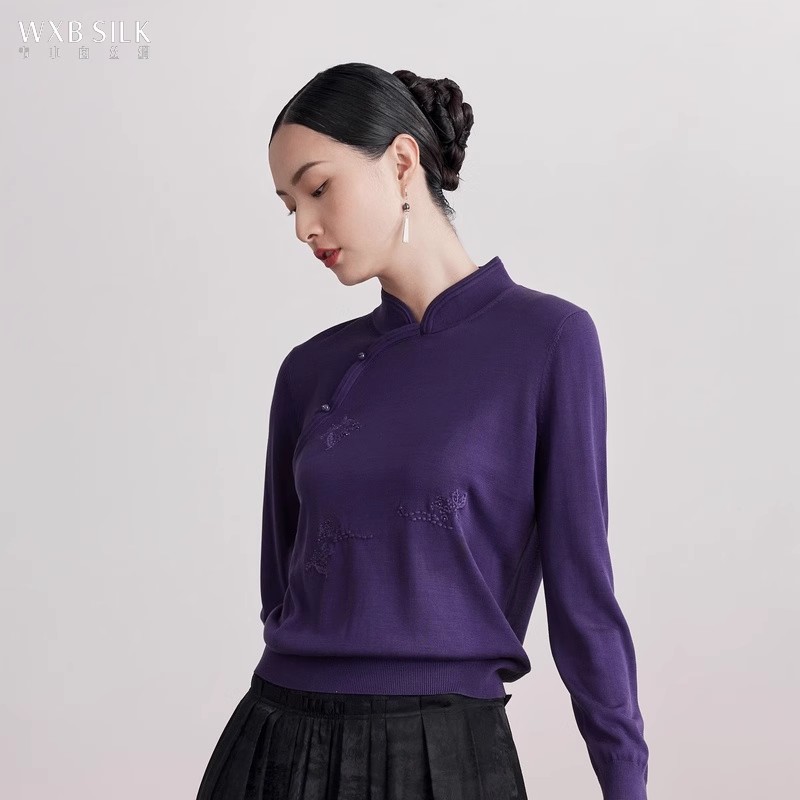 韦小宝新中式毛衫秋桑蚕丝立领小衫2331107036