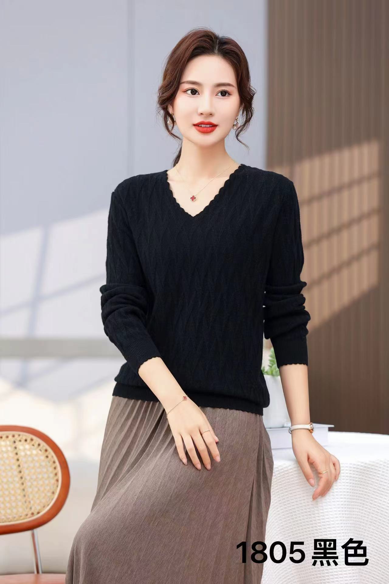 【1805】100%全羊毛小V领超柔软糯长袖打底衫打底针织衫秋冬洋气