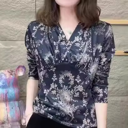 妈妈装2024春秋季打底衫女新款v领长袖T恤女上衣收腰小衫