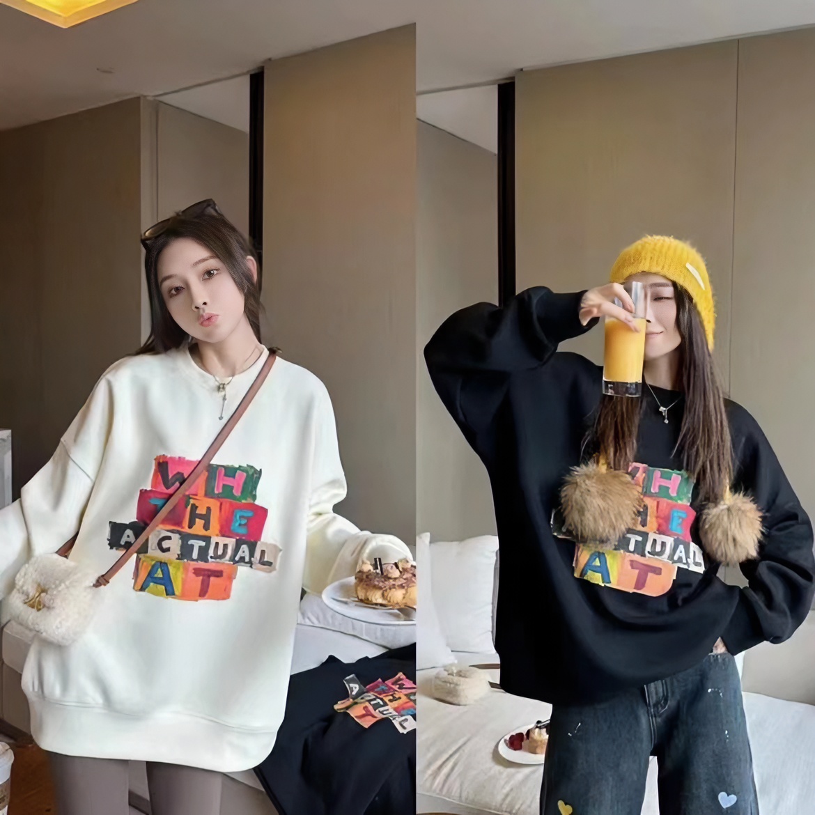 秋冬季新款韩版宽松休闲加绒彩色字母印花长袖圆领百搭卫衣