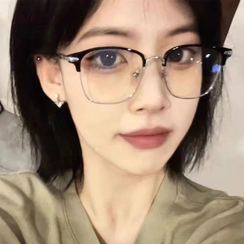 眼镜防蓝光半框眼镜女斯文复古理工男眼镜平光镜可配有度数近视眼