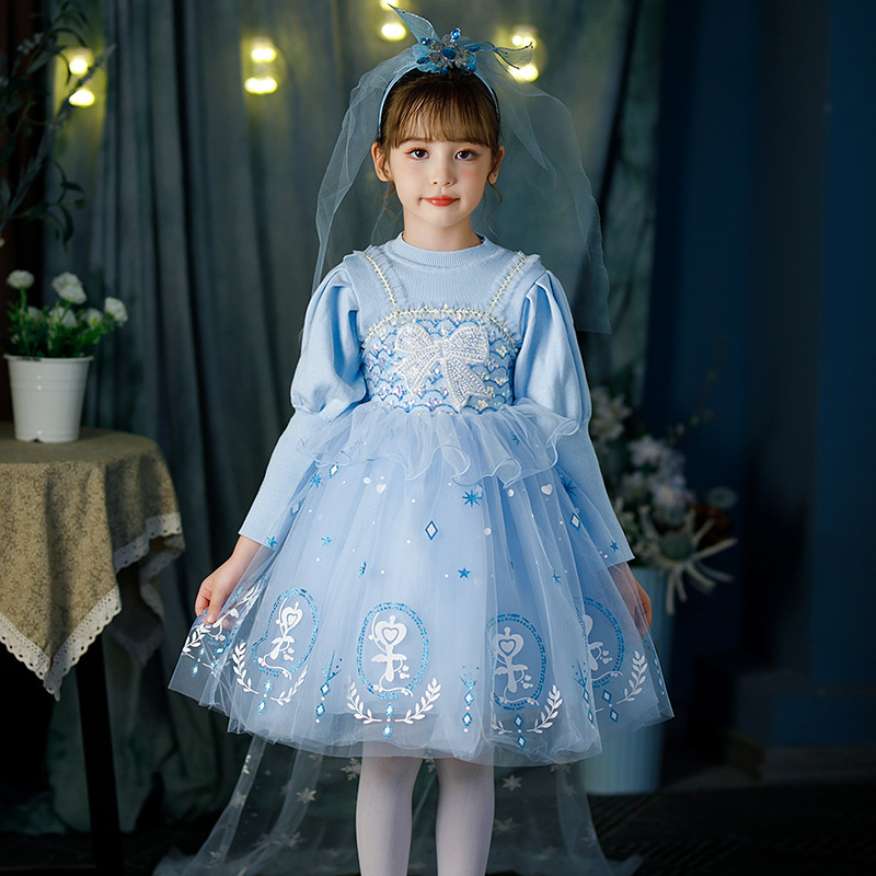 【小贝幼优】FX85468儿2023秋装新款爱莎公主裙儿童春秋款针织