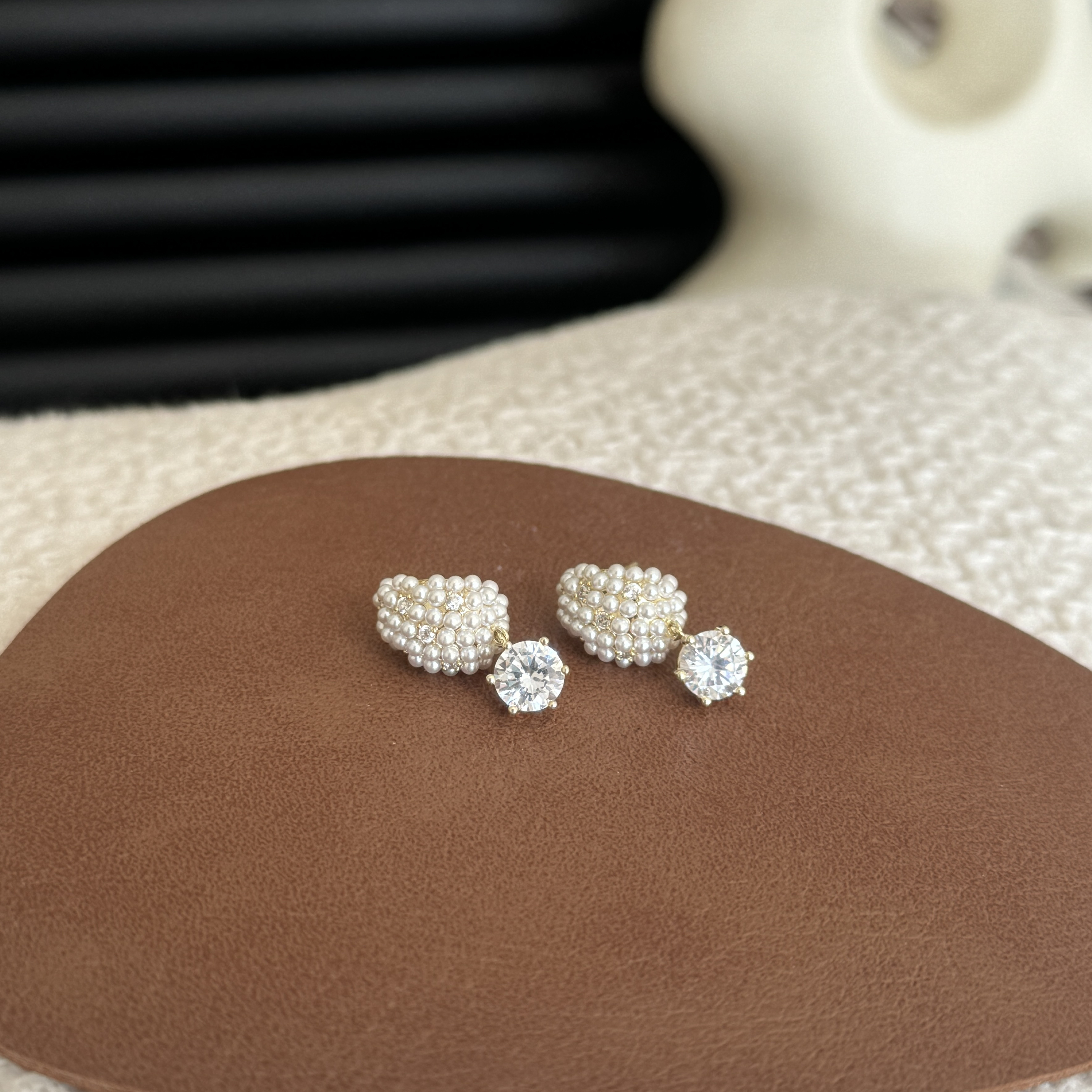 合金仿珍珠耳饰 金色莫桑钻小珍珠耳坠