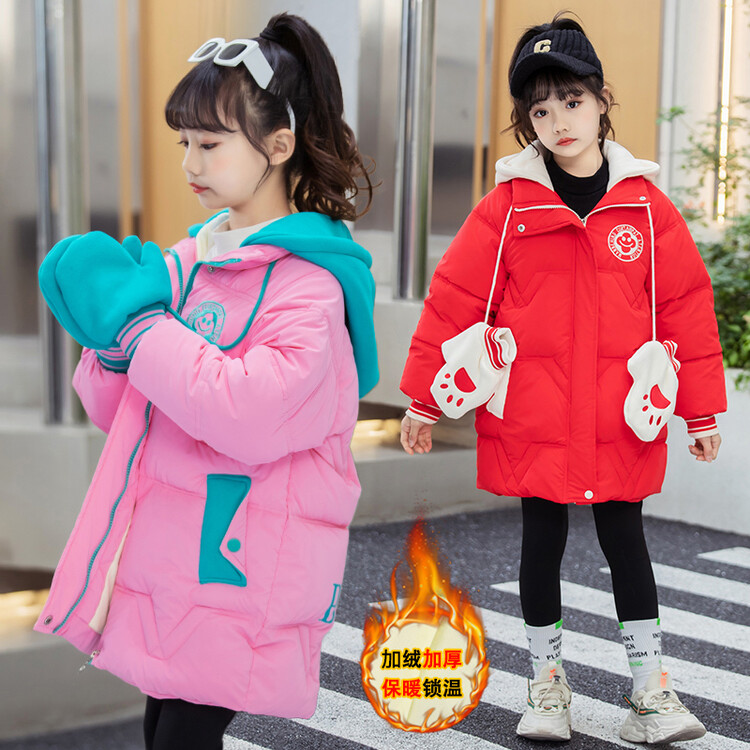 童装女童棉服中长款款2023新款中大童棉袄洋气手套外套冬装新款潮
