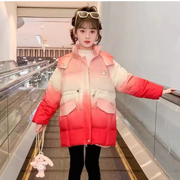 女童2025新款儿童棉服加绒加厚冬季时尚洋气渐变中大童棉袄外套