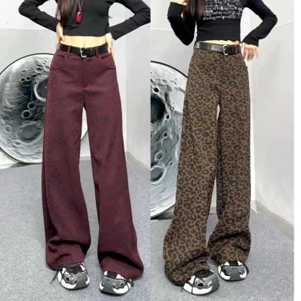 Aimeerosa/艾洛莎韩版豹纹加绒休闲裤子女2025新款帅气百搭阔腿裤