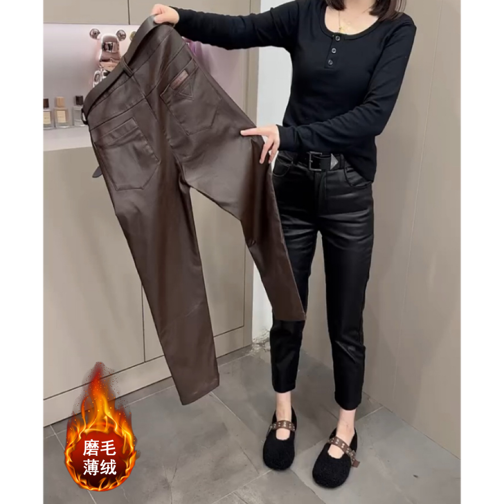 Aimeerosa/艾洛莎冬季新款时尚百搭磨毛休闲裤女宽松显瘦九分皮裤