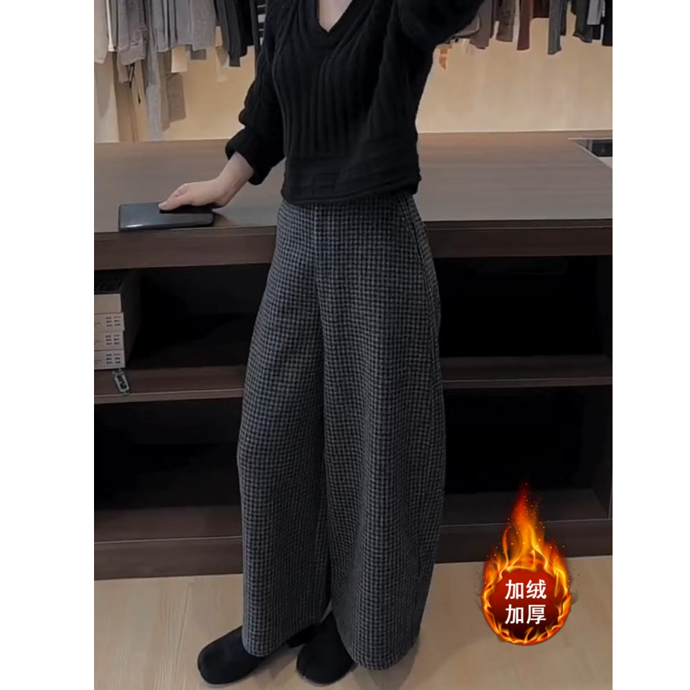 Aimeerosa/艾洛莎韩系加绒百搭毛呢格子裤2025爆款高腰九分阔腿裤