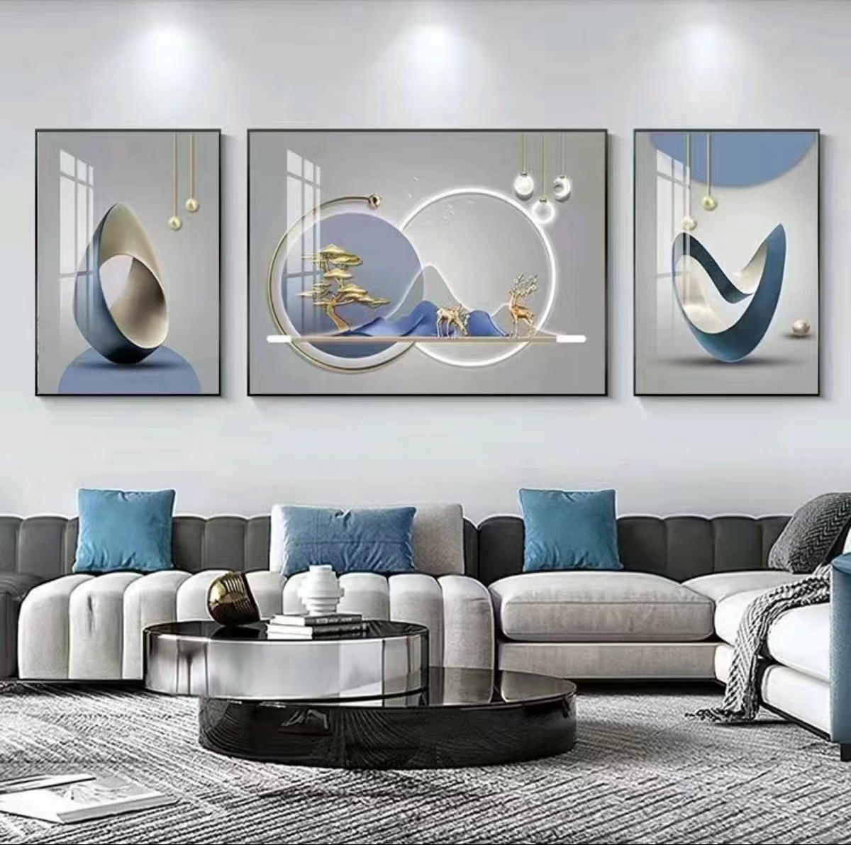 免打孔现代轻奢简约客厅装饰画高级感抽象大气沙发背景墙三联挂画