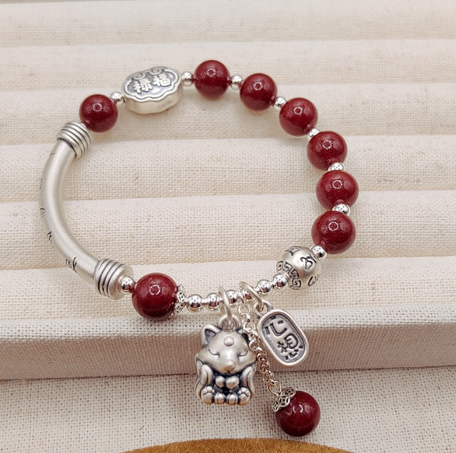 足银手链 【心想事成】3D999足银弯管狐狸福禄国风纯银砂砂手链