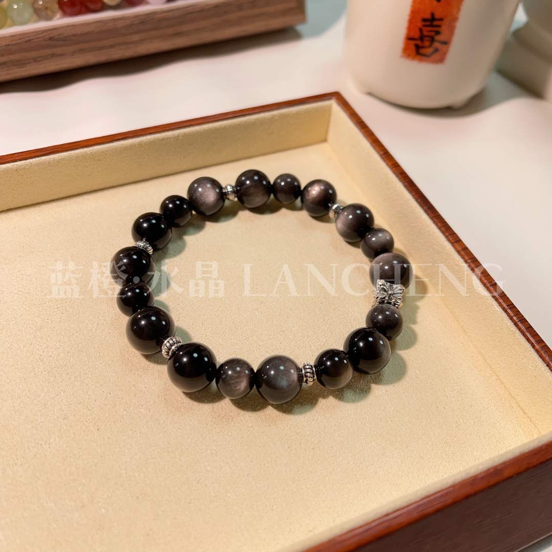 杨幂同款天然黑曜石手串小众设计手链925银饰女