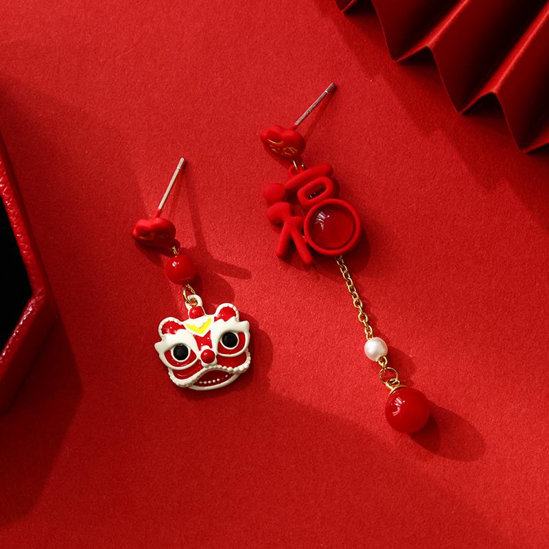 2024龙年本命年耳环不对称新年红色耳饰新中式国风耳坠