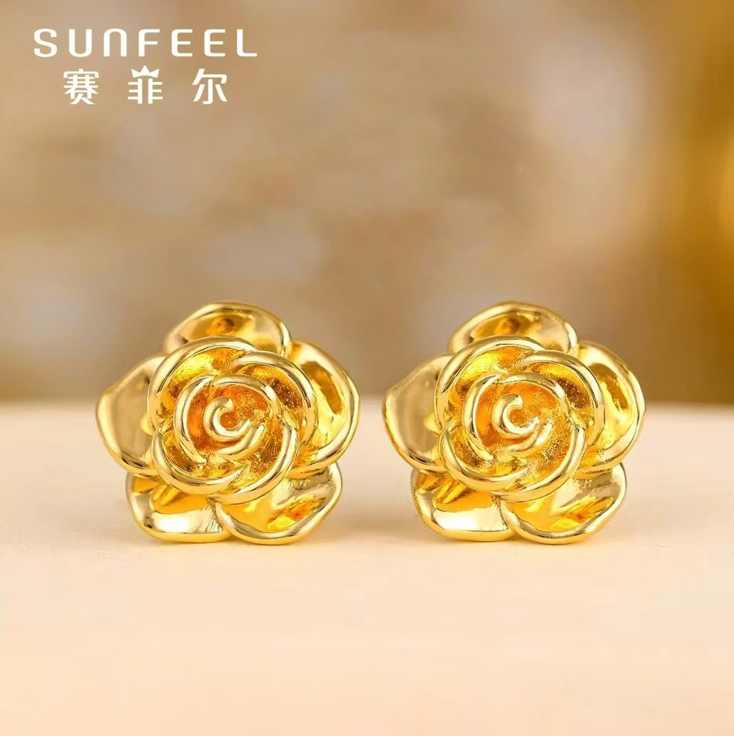 SUNFEEL/赛菲尔足金999黄金5G亮面玫瑰耳钉时尚气质百搭新年礼物