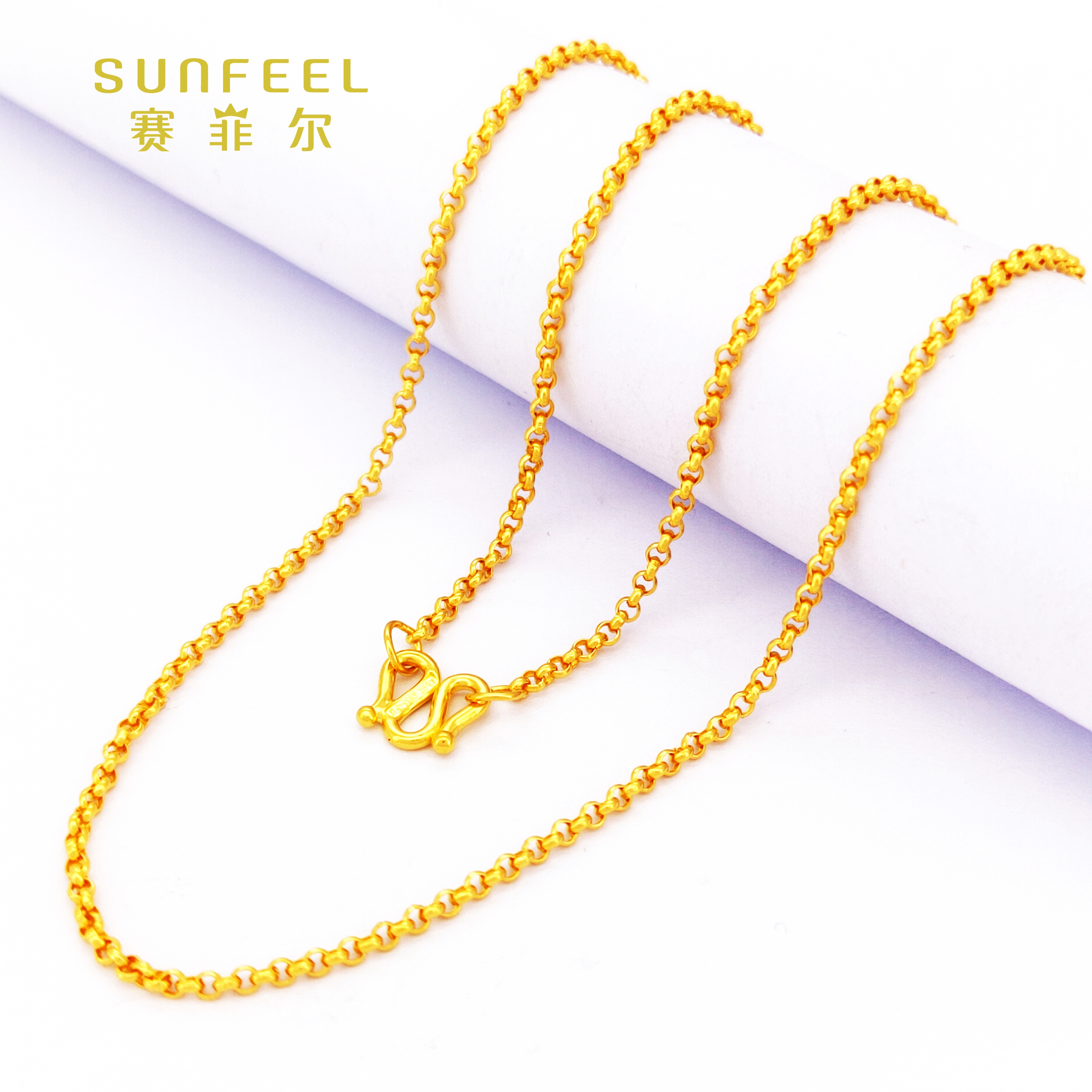 SUNFEEL/赛菲尔万足®足金黄金亮面珍珠项链锁骨链细款时尚精致款