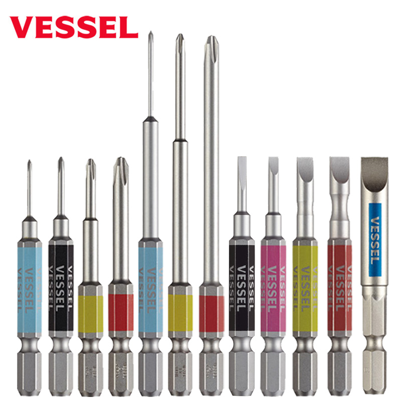 日本VESSEL威威电动批头钢彩十字一字单头带磁进口加长批头高硬度
