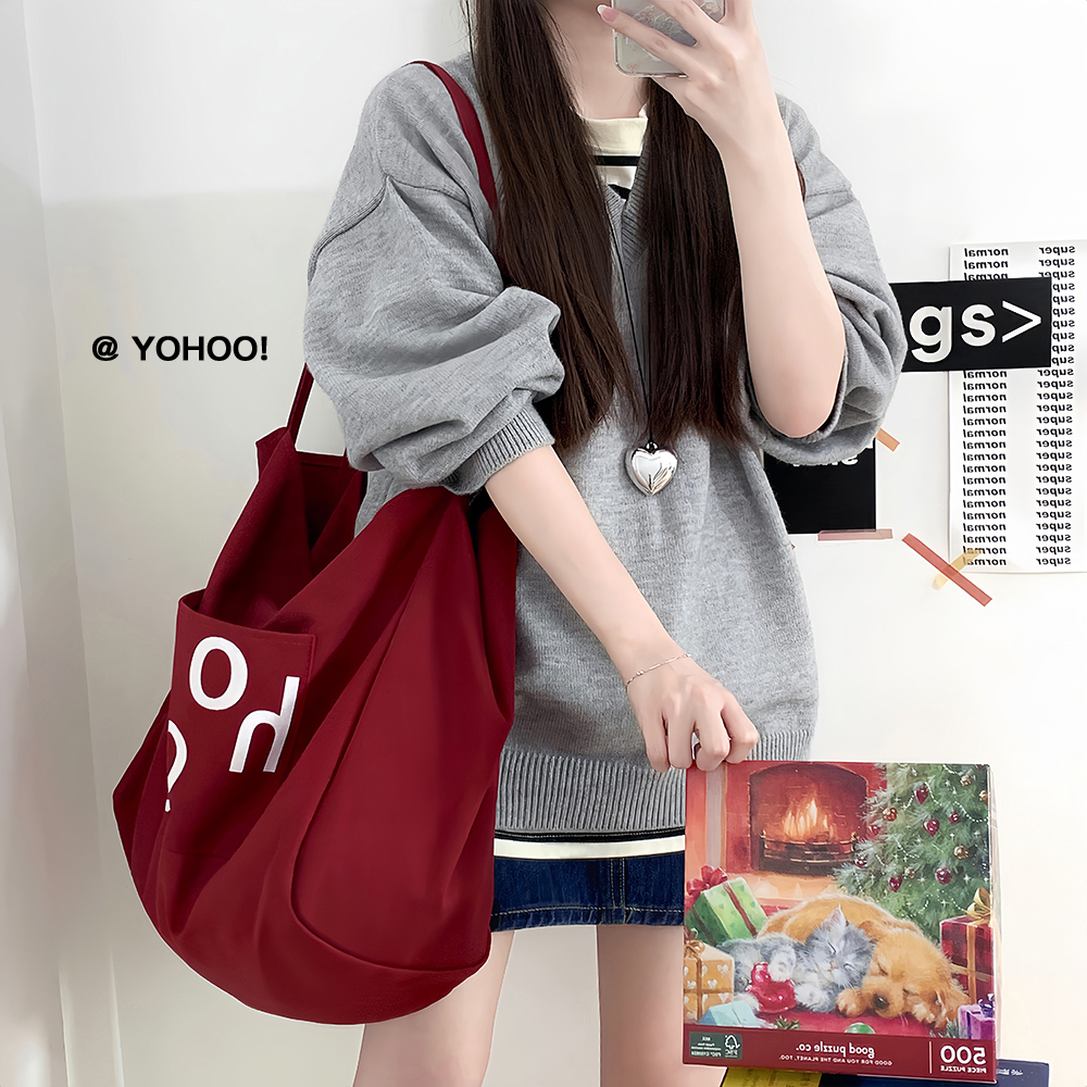 YOHOO!/ins慵懒风红色大容量托特包上班通勤学生单肩帆布袋书包女