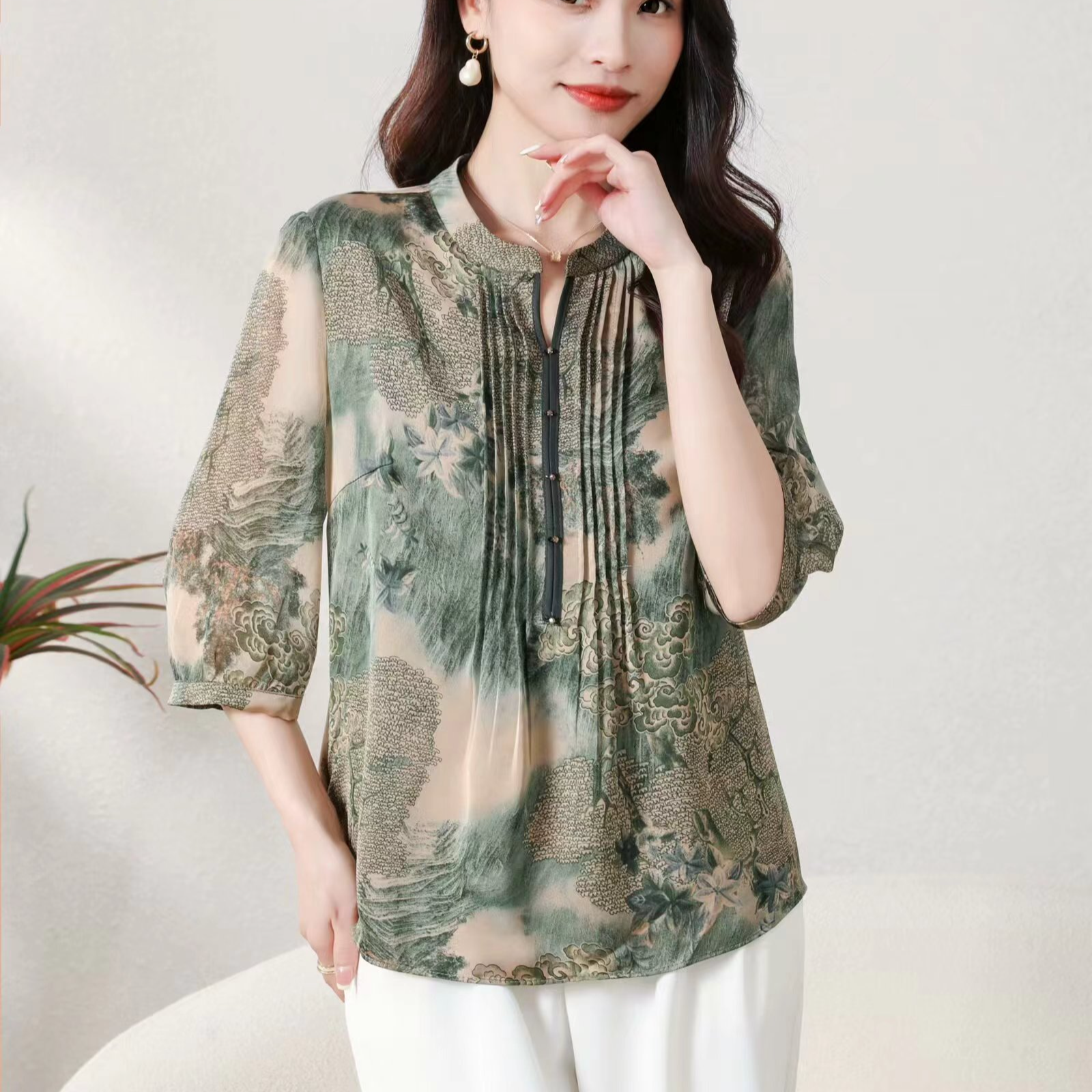 夏季小衫综合孤品显瘦气质洋气时尚复古宽松印花休闲减龄上衣