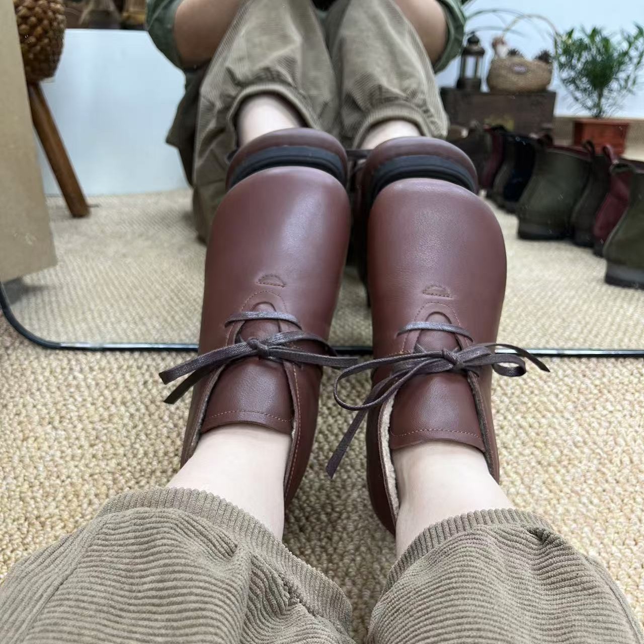 复古真皮手工女鞋秋冬百搭圆头软底短靴加绒平底牛皮矮靴妈妈鞋