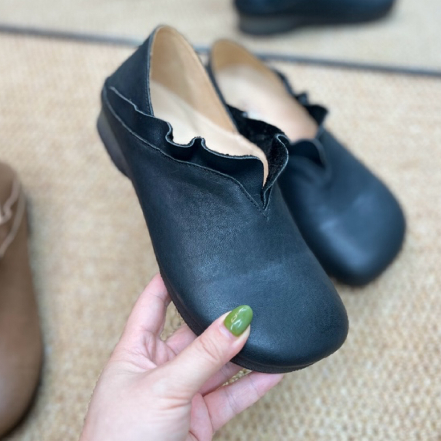 复古真皮手工女鞋秋季新款舒适黑色平底妈妈鞋软底头层牛皮小单鞋