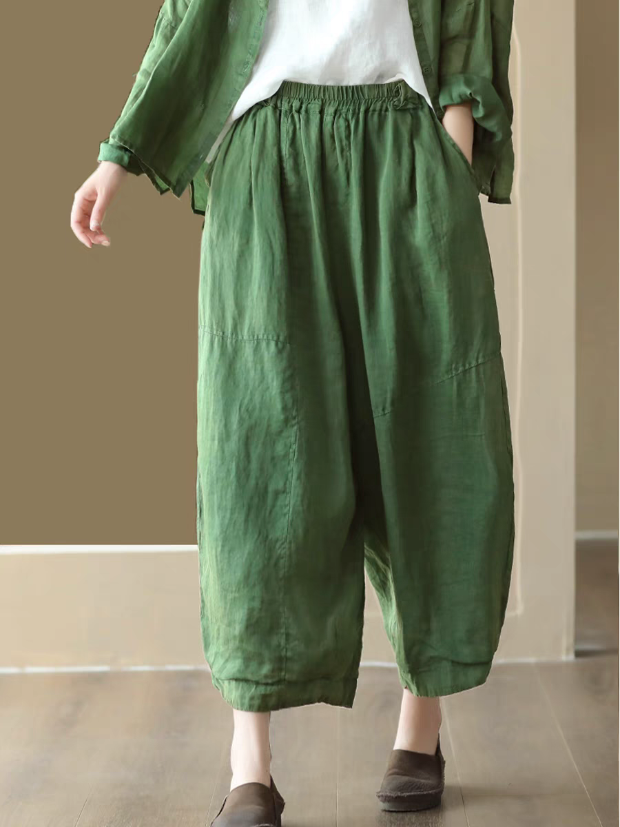新款复古超细高腰夏季外穿裤女松紧腰棉内衬阔腿软底裤裤纯色薄款