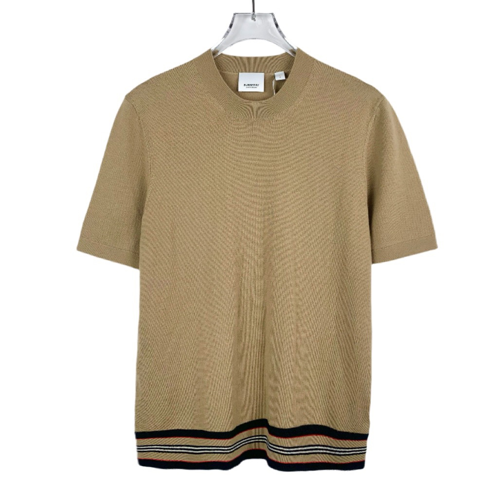 99新 BURBERRY/博柏利 000266 条纹饰边圆领羊毛短袖针织衫 L码