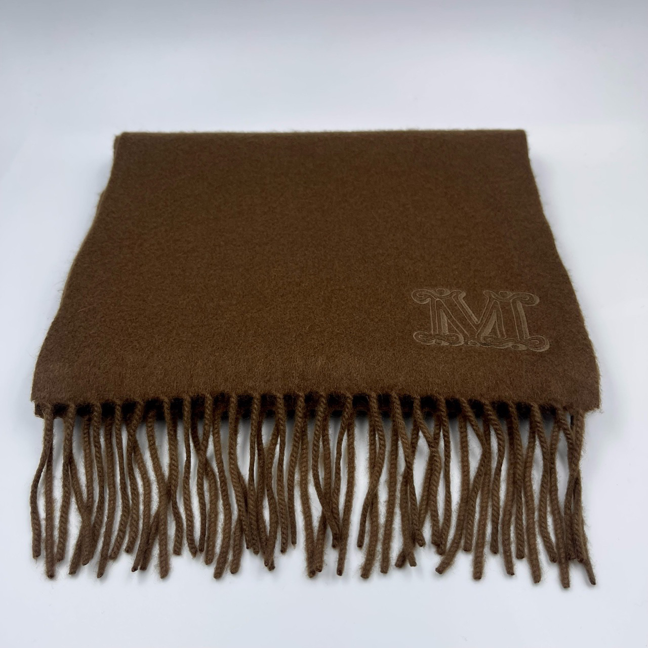 000976 MaxMara 刺绣LOGO羊绒绒线围巾棕色 尺码190×28cm 99新