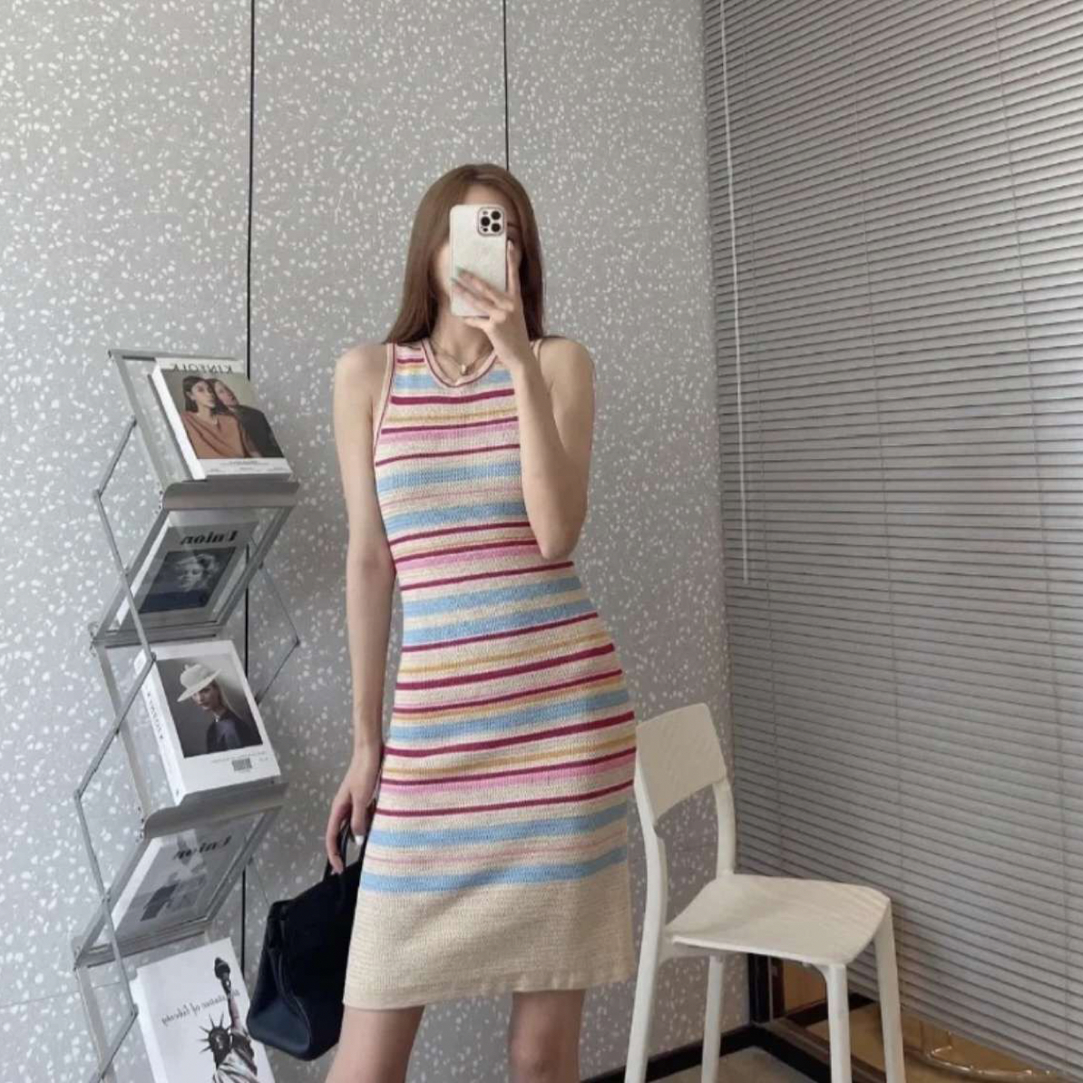 99新 Chanel/香奈儿 000880 七彩条纹弹力针织修身连衣裙多色34码