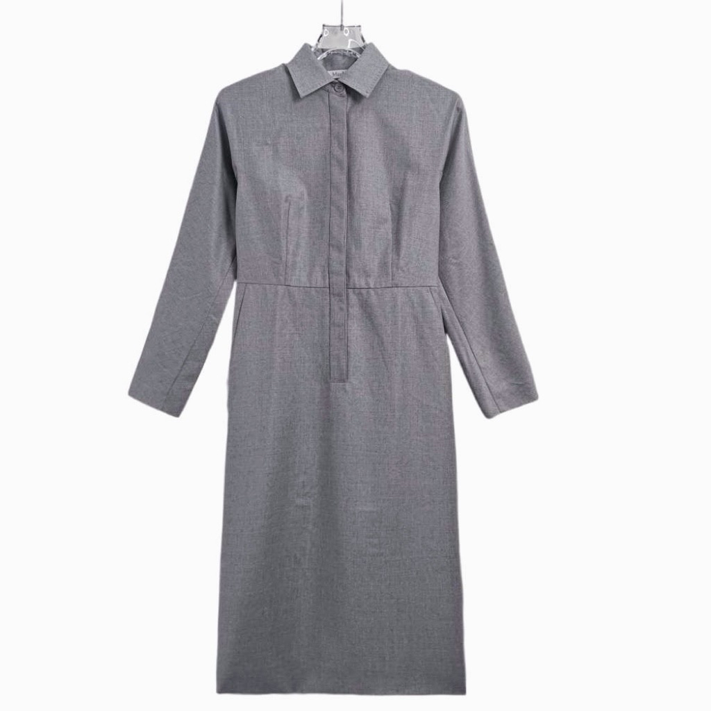 99新 MaxMara 000844 纯色单排翻领中长款长袖连衣裙灰色 38码 