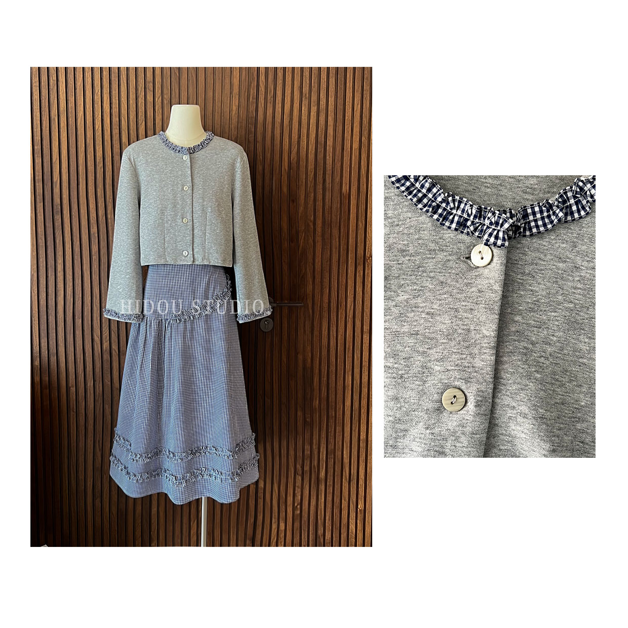 【痘痘私服】|【海边芭蕾】木耳边开衫蓝格半裙套装