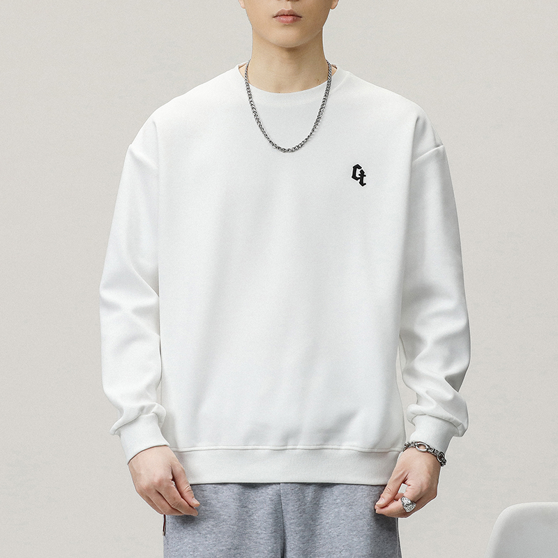 白色卫衣男春秋款圆领宽松刺绣潮牌男上衣休闲秋冬长袖打底衫男士